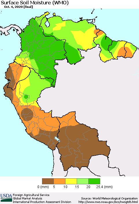 Northern South America Surface Soil Moisture (WMO) Thematic Map For 9/28/2020 - 10/4/2020