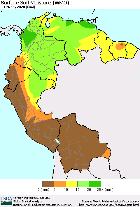 Northern South America Surface Soil Moisture (WMO) Thematic Map For 10/5/2020 - 10/11/2020