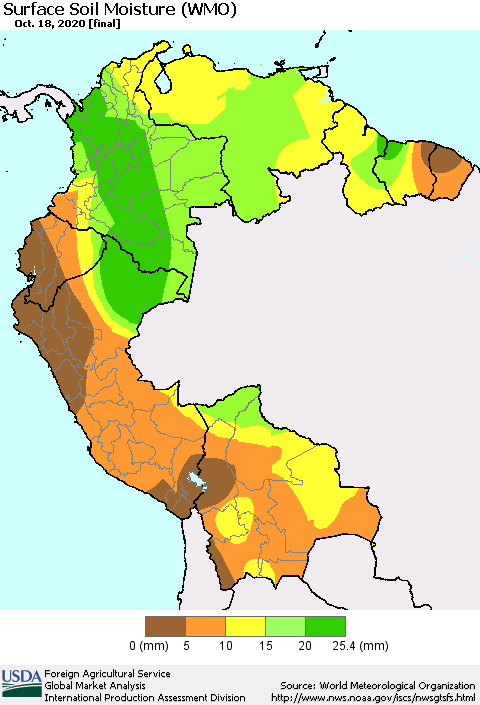 Northern South America Surface Soil Moisture (WMO) Thematic Map For 10/12/2020 - 10/18/2020
