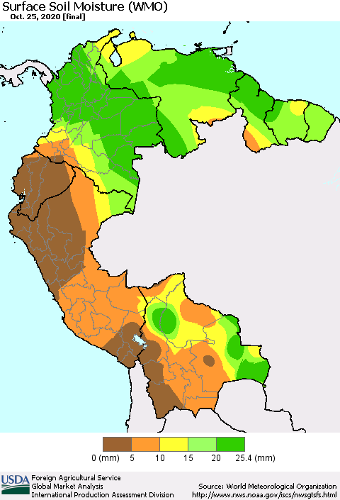 Northern South America Surface Soil Moisture (WMO) Thematic Map For 10/19/2020 - 10/25/2020