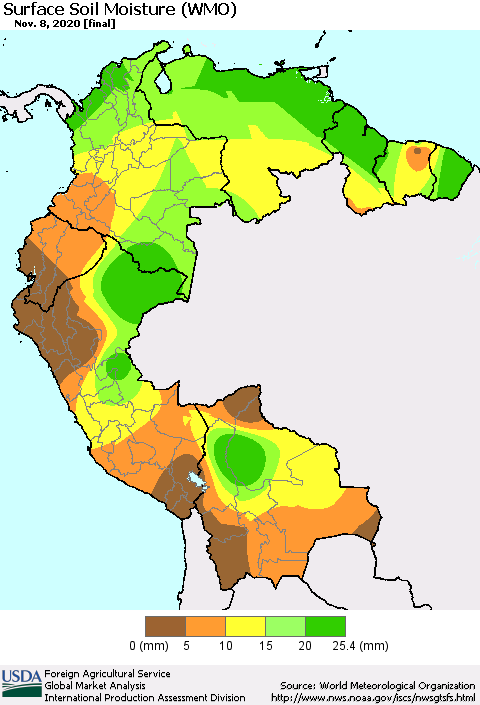 Northern South America Surface Soil Moisture (WMO) Thematic Map For 11/2/2020 - 11/8/2020
