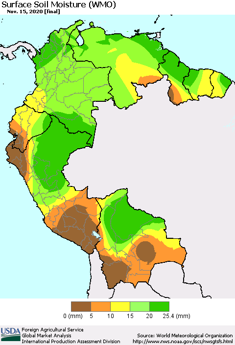 Northern South America Surface Soil Moisture (WMO) Thematic Map For 11/9/2020 - 11/15/2020