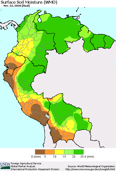 Northern South America Surface Soil Moisture (WMO) Thematic Map For 11/16/2020 - 11/22/2020