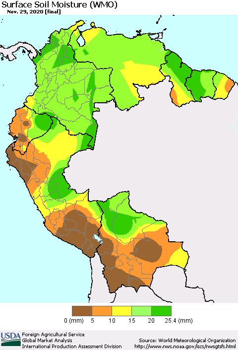 Northern South America Surface Soil Moisture (WMO) Thematic Map For 11/23/2020 - 11/29/2020