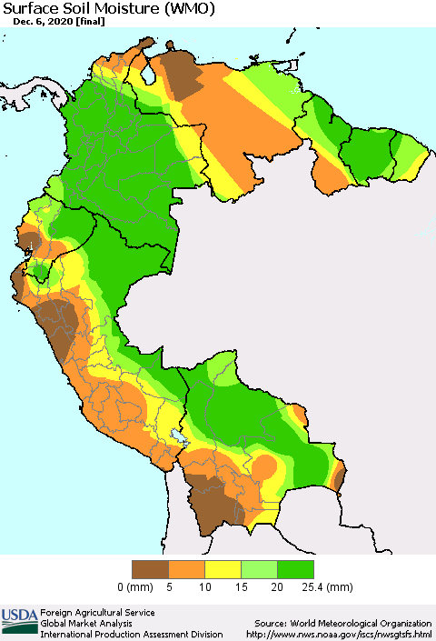Northern South America Surface Soil Moisture (WMO) Thematic Map For 11/30/2020 - 12/6/2020