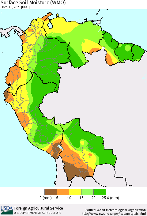 Northern South America Surface Soil Moisture (WMO) Thematic Map For 12/7/2020 - 12/13/2020