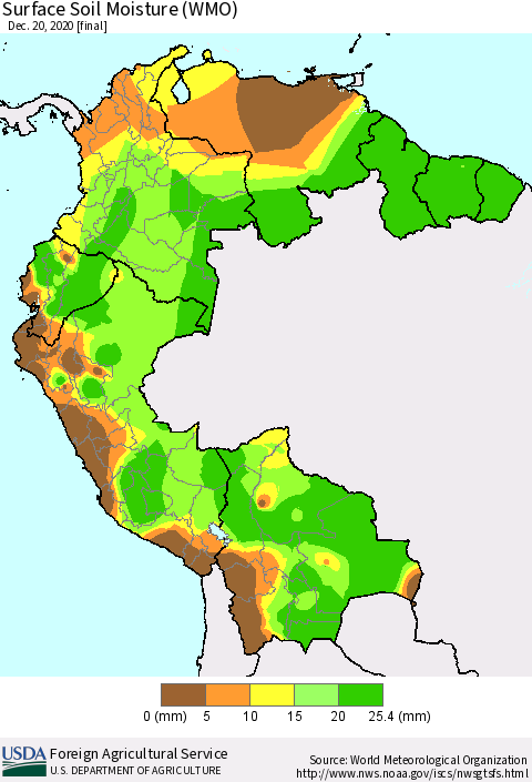 Northern South America Surface Soil Moisture (WMO) Thematic Map For 12/14/2020 - 12/20/2020