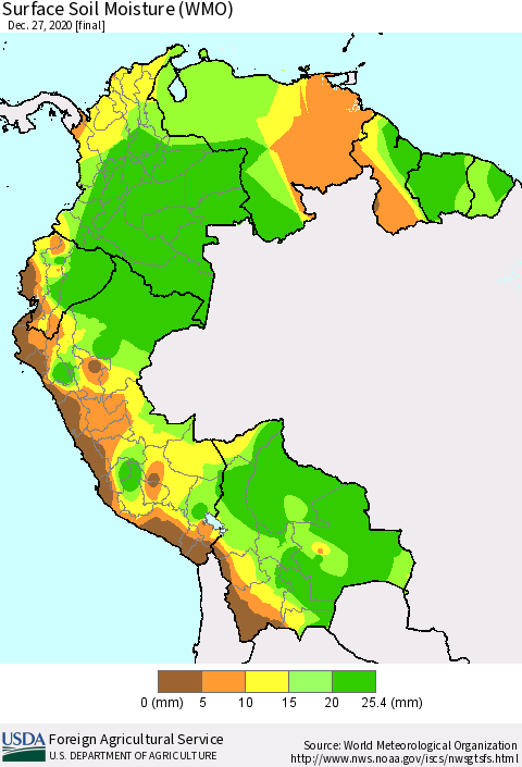Northern South America Surface Soil Moisture (WMO) Thematic Map For 12/21/2020 - 12/27/2020