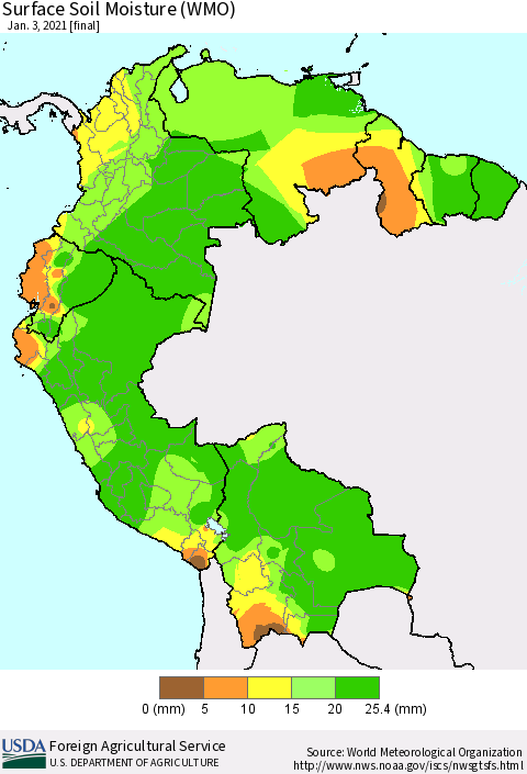 Northern South America Surface Soil Moisture (WMO) Thematic Map For 12/28/2020 - 1/3/2021