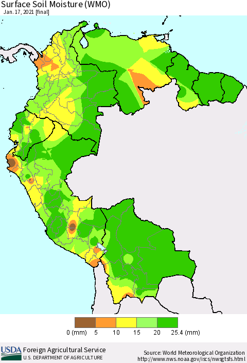Northern South America Surface Soil Moisture (WMO) Thematic Map For 1/11/2021 - 1/17/2021