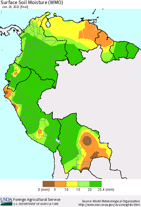 Northern South America Surface Soil Moisture (WMO) Thematic Map For 1/18/2021 - 1/24/2021