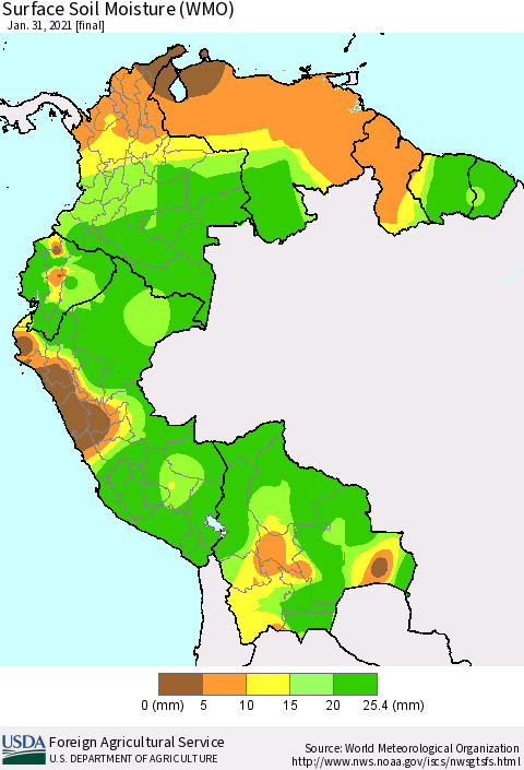 Northern South America Surface Soil Moisture (WMO) Thematic Map For 1/25/2021 - 1/31/2021