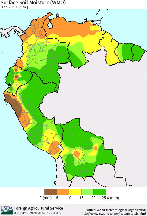 Northern South America Surface Soil Moisture (WMO) Thematic Map For 2/1/2021 - 2/7/2021