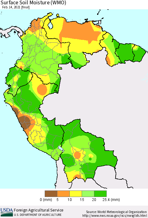 Northern South America Surface Soil Moisture (WMO) Thematic Map For 2/8/2021 - 2/14/2021