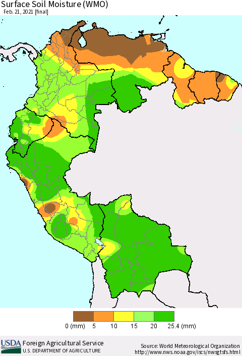 Northern South America Surface Soil Moisture (WMO) Thematic Map For 2/15/2021 - 2/21/2021