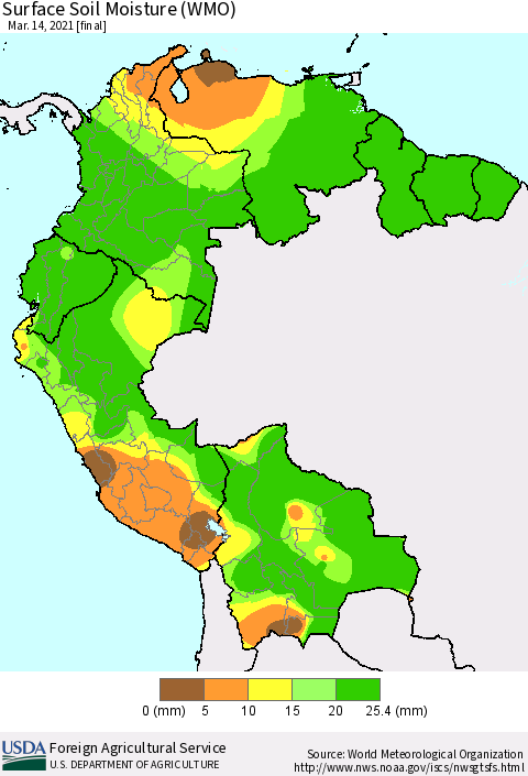 Northern South America Surface Soil Moisture (WMO) Thematic Map For 3/8/2021 - 3/14/2021