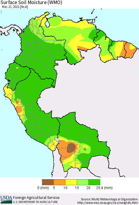 Northern South America Surface Soil Moisture (WMO) Thematic Map For 3/15/2021 - 3/21/2021