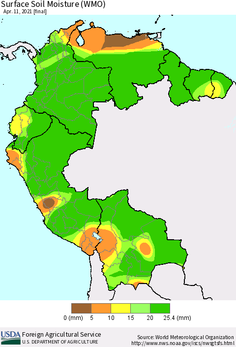 Northern South America Surface Soil Moisture (WMO) Thematic Map For 4/5/2021 - 4/11/2021