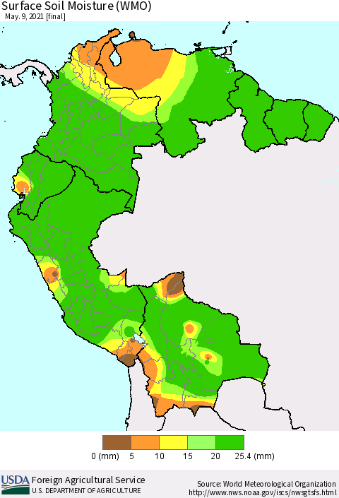 Northern South America Surface Soil Moisture (WMO) Thematic Map For 5/3/2021 - 5/9/2021