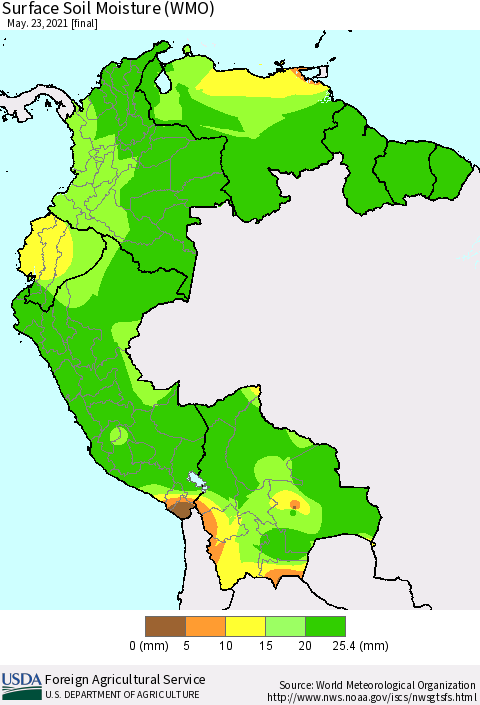 Northern South America Surface Soil Moisture (WMO) Thematic Map For 5/17/2021 - 5/23/2021