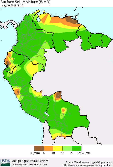 Northern South America Surface Soil Moisture (WMO) Thematic Map For 5/24/2021 - 5/30/2021