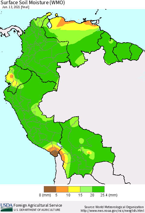 Northern South America Surface Soil Moisture (WMO) Thematic Map For 6/7/2021 - 6/13/2021