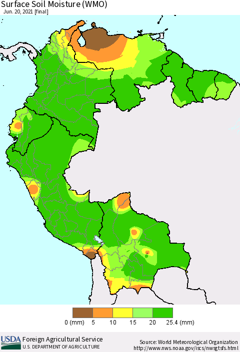 Northern South America Surface Soil Moisture (WMO) Thematic Map For 6/14/2021 - 6/20/2021