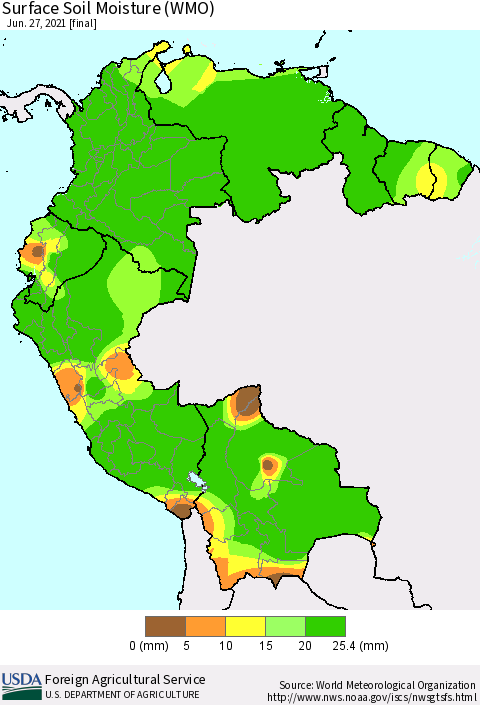 Northern South America Surface Soil Moisture (WMO) Thematic Map For 6/21/2021 - 6/27/2021