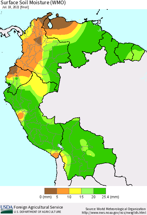 Northern South America Surface Soil Moisture (WMO) Thematic Map For 7/12/2021 - 7/18/2021