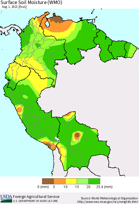 Northern South America Surface Soil Moisture (WMO) Thematic Map For 7/26/2021 - 8/1/2021