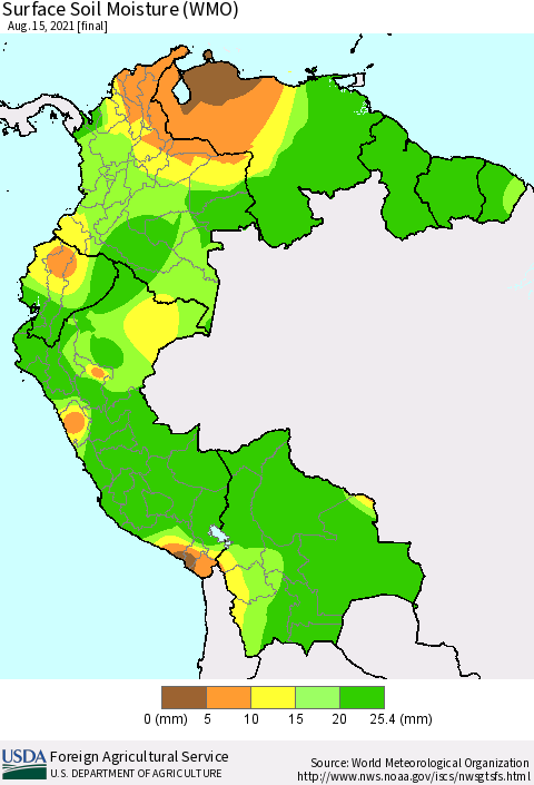 Northern South America Surface Soil Moisture (WMO) Thematic Map For 8/9/2021 - 8/15/2021