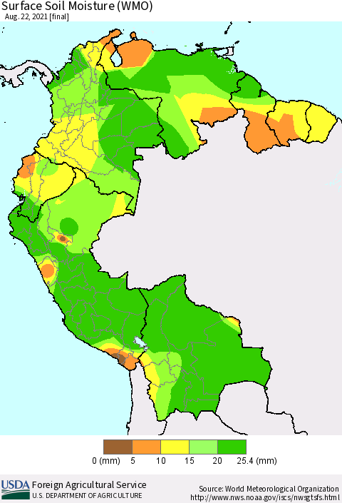Northern South America Surface Soil Moisture (WMO) Thematic Map For 8/16/2021 - 8/22/2021