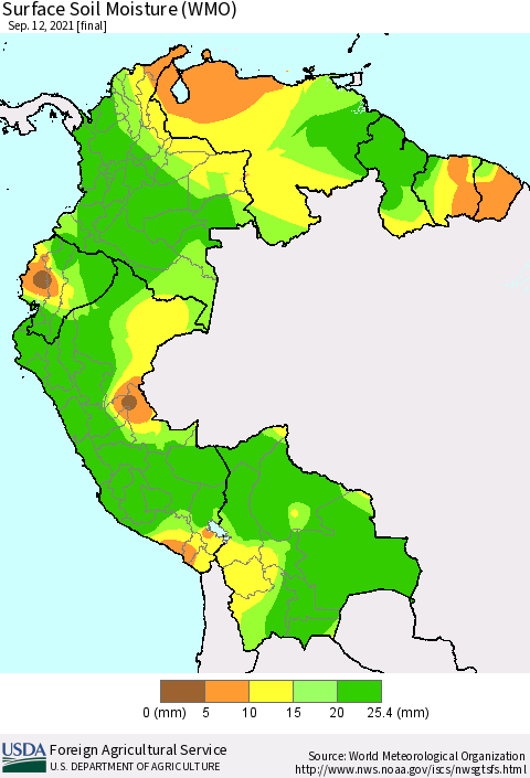 Northern South America Surface Soil Moisture (WMO) Thematic Map For 9/6/2021 - 9/12/2021
