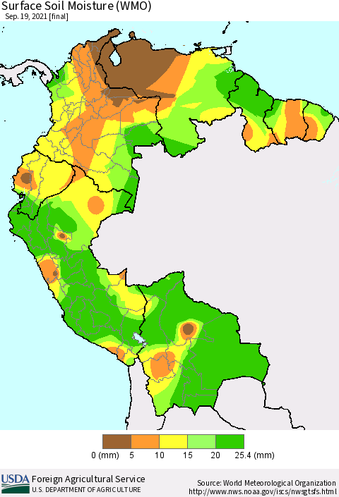 Northern South America Surface Soil Moisture (WMO) Thematic Map For 9/13/2021 - 9/19/2021