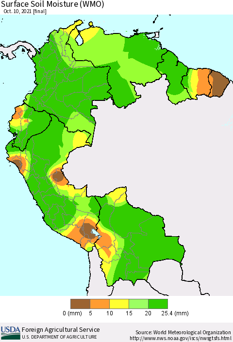 Northern South America Surface Soil Moisture (WMO) Thematic Map For 10/4/2021 - 10/10/2021