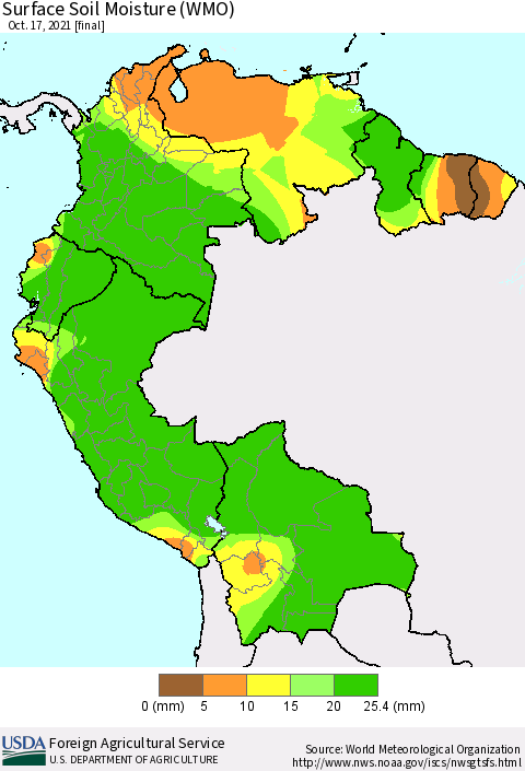 Northern South America Surface Soil Moisture (WMO) Thematic Map For 10/11/2021 - 10/17/2021