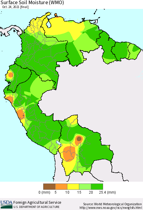 Northern South America Surface Soil Moisture (WMO) Thematic Map For 10/18/2021 - 10/24/2021
