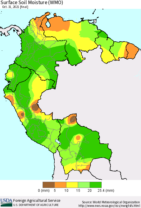 Northern South America Surface Soil Moisture (WMO) Thematic Map For 10/25/2021 - 10/31/2021