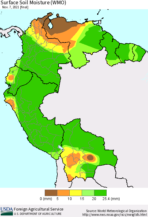 Northern South America Surface Soil Moisture (WMO) Thematic Map For 11/1/2021 - 11/7/2021