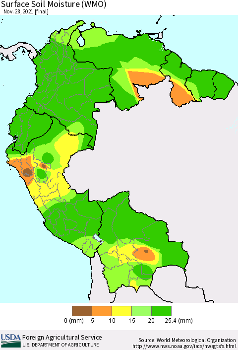 Northern South America Surface Soil Moisture (WMO) Thematic Map For 11/22/2021 - 11/28/2021