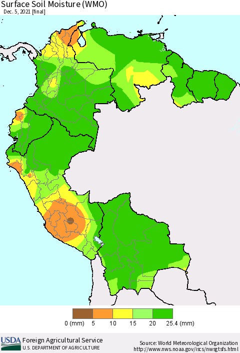 Northern South America Surface Soil Moisture (WMO) Thematic Map For 11/29/2021 - 12/5/2021