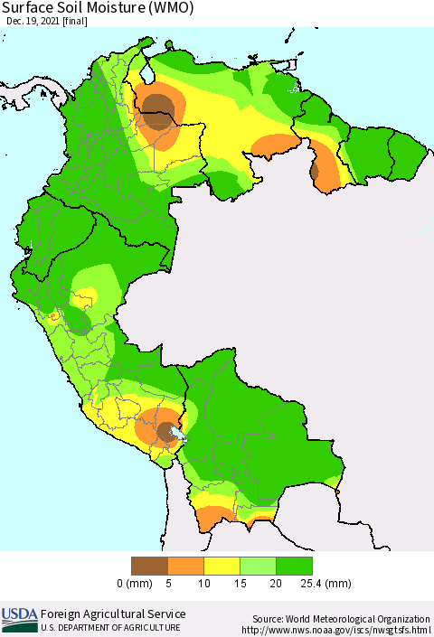 Northern South America Surface Soil Moisture (WMO) Thematic Map For 12/13/2021 - 12/19/2021