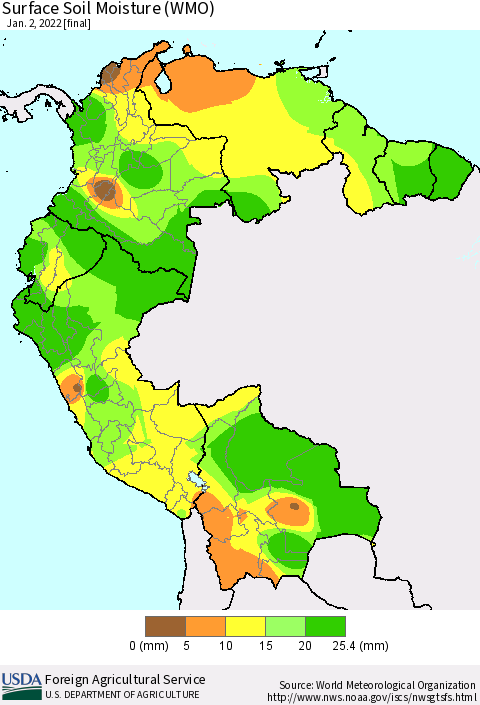 Northern South America Surface Soil Moisture (WMO) Thematic Map For 12/27/2021 - 1/2/2022