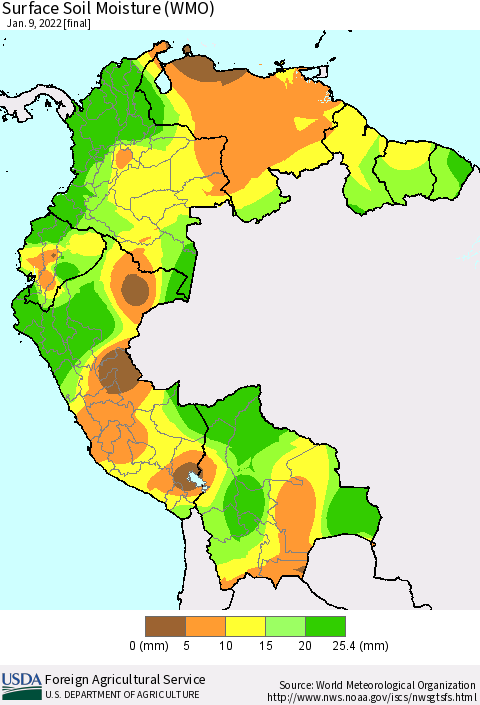 Northern South America Surface Soil Moisture (WMO) Thematic Map For 1/3/2022 - 1/9/2022