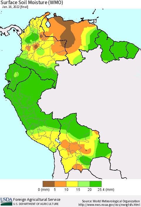 Northern South America Surface Soil Moisture (WMO) Thematic Map For 1/10/2022 - 1/16/2022