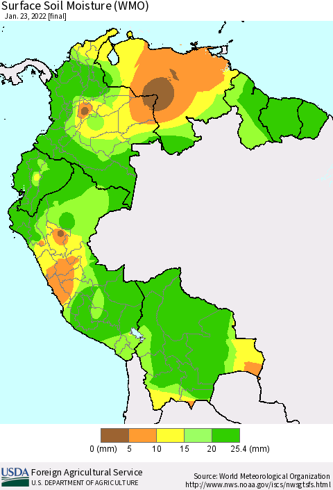 Northern South America Surface Soil Moisture (WMO) Thematic Map For 1/17/2022 - 1/23/2022