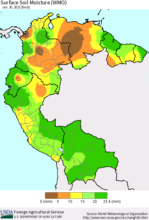 Northern South America Surface Soil Moisture (WMO) Thematic Map For 1/24/2022 - 1/30/2022