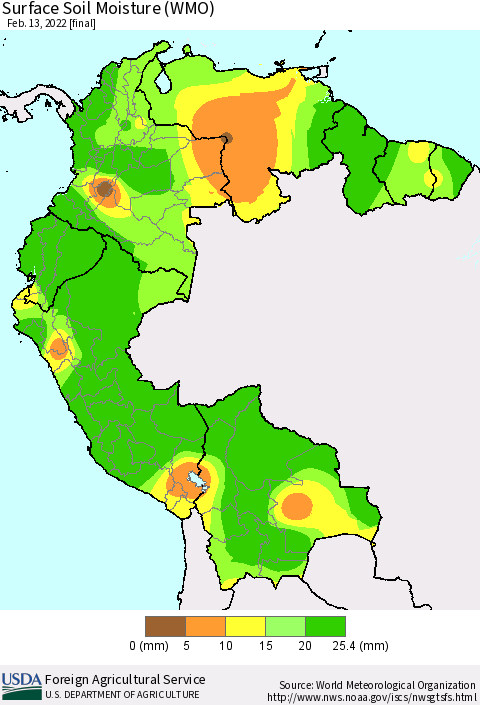 Northern South America Surface Soil Moisture (WMO) Thematic Map For 2/7/2022 - 2/13/2022