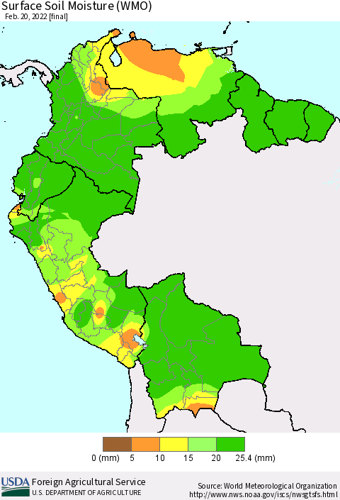 Northern South America Surface Soil Moisture (WMO) Thematic Map For 2/14/2022 - 2/20/2022