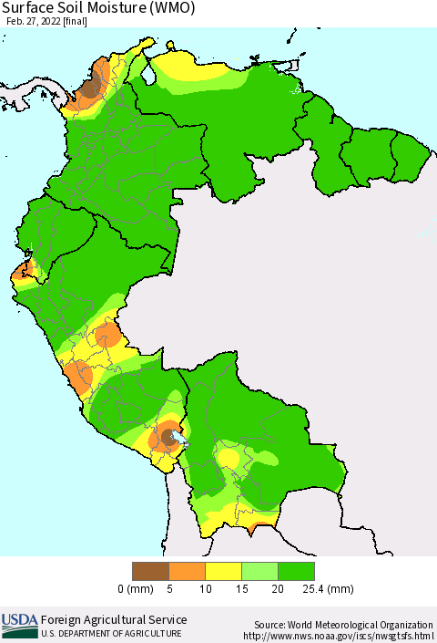 Northern South America Surface Soil Moisture (WMO) Thematic Map For 2/21/2022 - 2/27/2022